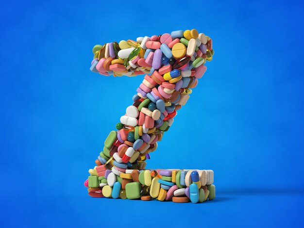 Verschiedene Pillen stapeln sich in Form des Buchstabens Z. Geeignet für Medizin-, Gesundheits- und Wissenschaftsthemen. 3D-Darstellung mit blauem Hintergrund.