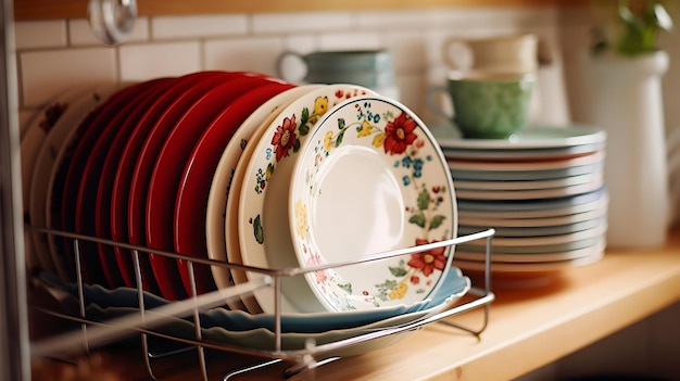 Verschiedene saubere Teller mit Blumenmustern im Geschirrtrockner in der Küche
