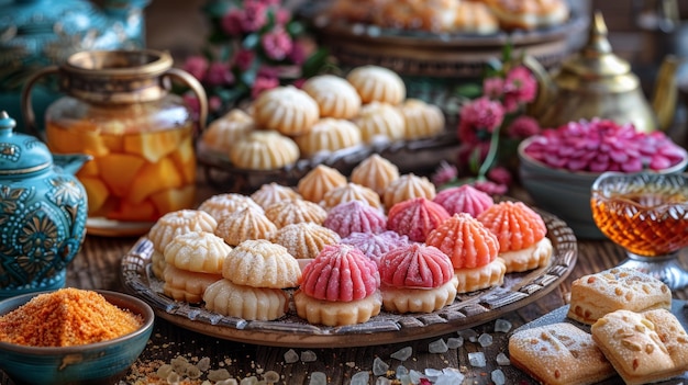 Foto verschiedene semolina-maamoul- oder mamoul-kekse mit dallah- und ramadan-dekoration