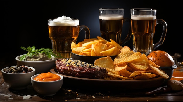 Verschiedene Snacks, Chips und ein Glas Bier im Dunkeln