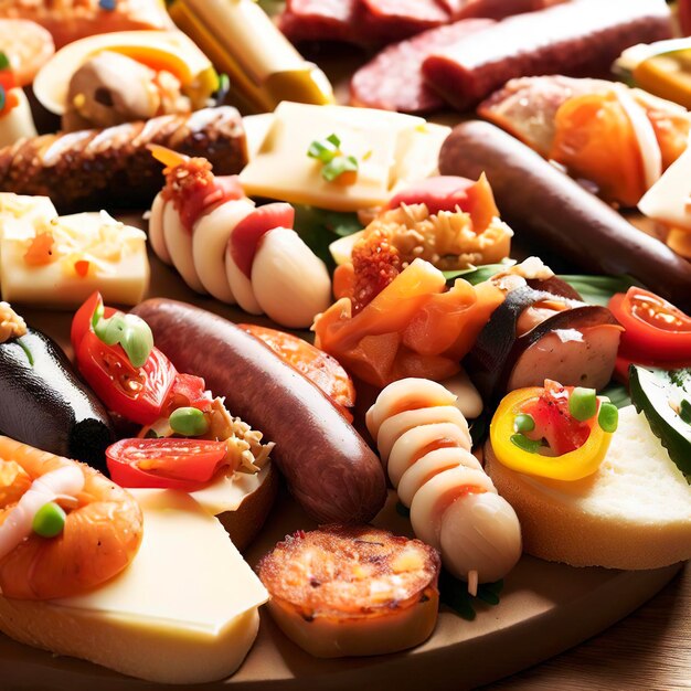 Verschiedene spanische Tapas mit Fisch, Wurst, Käse und Gemüse