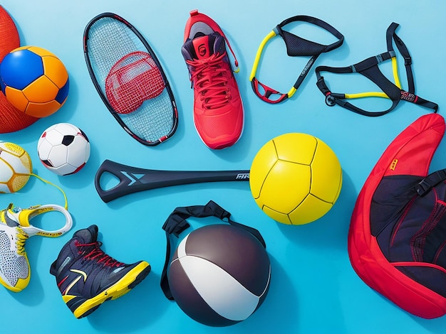 Verschiedene Sportgeräte und viele verschiedene Accessoires. Hintergrund generiert durch KI