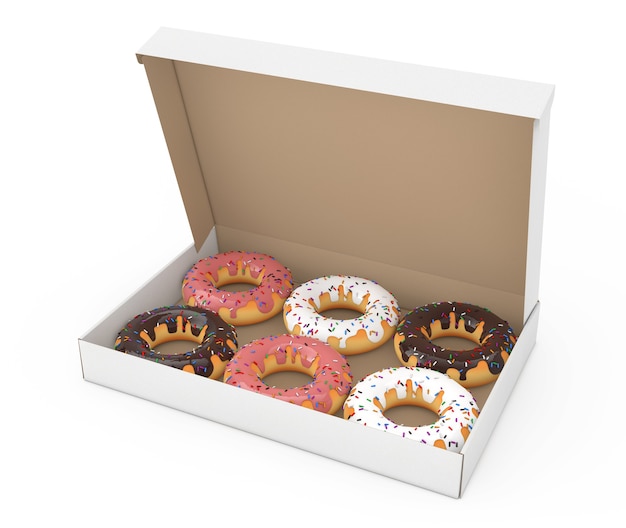 Verschiedene süße Donuts in einem Karton aus Papier auf weißem Hintergrund. 3D-Rendering