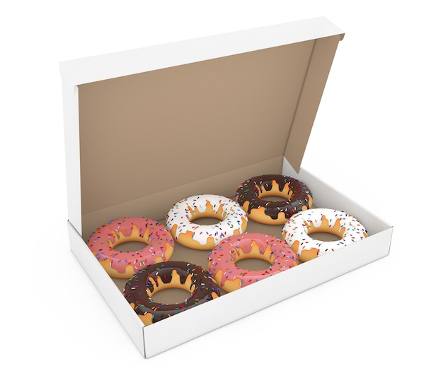 Verschiedene süße Donuts in einem Karton aus Papier auf weißem Hintergrund. 3D-Rendering