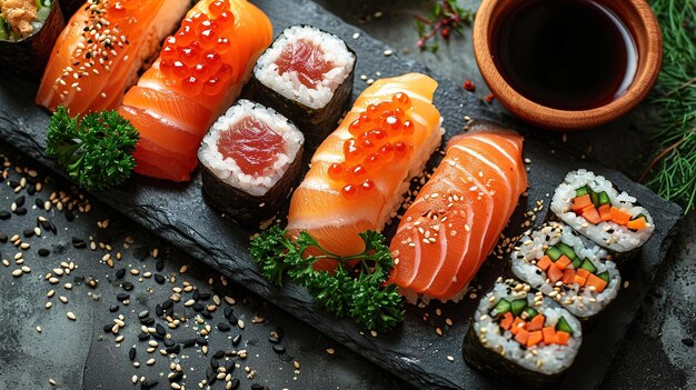 Verschiedene Sushi Nigiri und Maki groß auf Schiefer ein Sortiment japanischer Sushi mit Thunfisch und Krabben