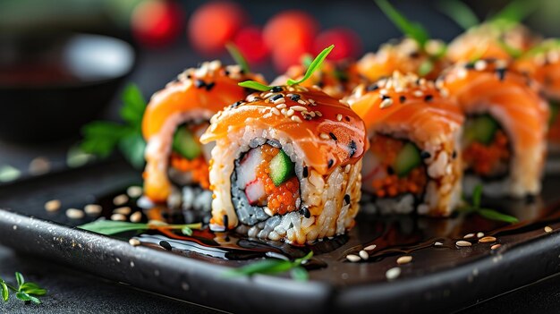 Foto verschiedene sushi nigiri und maki groß auf schiefer ein sortiment japanischer sushi mit thunfisch und krabben