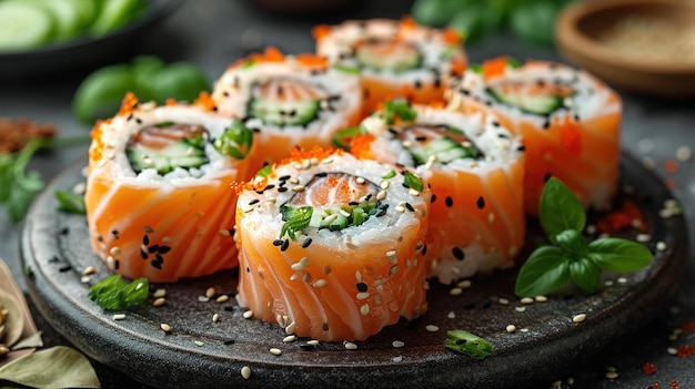 Verschiedene Sushi Nigiri und Maki groß auf Schiefer ein Sortiment japanischer Sushi mit Thunfisch und Krabben