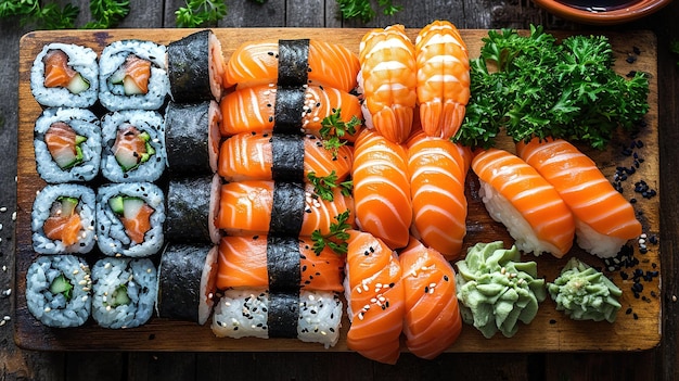 Foto verschiedene sushi nigiri und maki groß auf schiefer ein sortiment japanischer sushi mit thunfisch