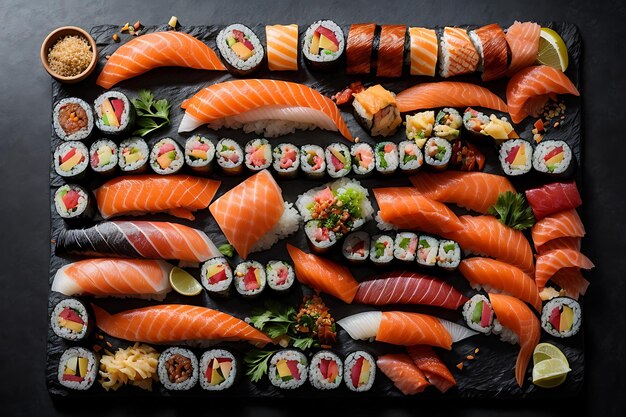 Foto verschiedene sushi nigiri und maki große set auf schiefer eine vielzahl von japanischen sushi mit thunfisch krabbe lachs aal und rollen top view