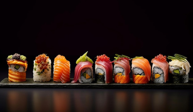 Verschiedene Sushi-Nigiri und Maki, großes Set auf Schiefertafel, eine Auswahl japanischer Sushi mit Thunfisch-Krabben-Lachs-Ee