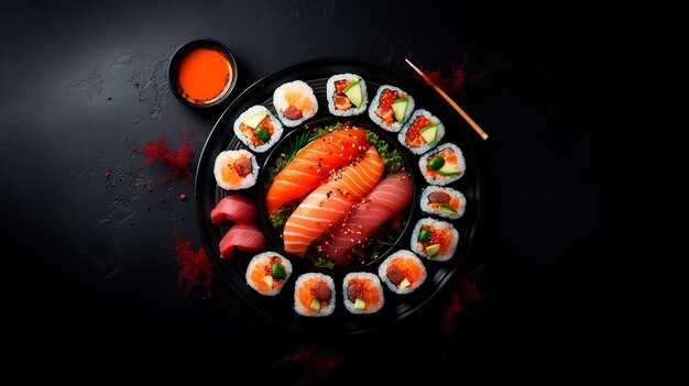 Verschiedene Sushi-Rollen und großes Maki-Set auf dunklem Hintergrund. Eine Auswahl japanischer Sushi mit Thunfisch, Krabben, Lachs, Aal und Brötchen. Ansicht von oben