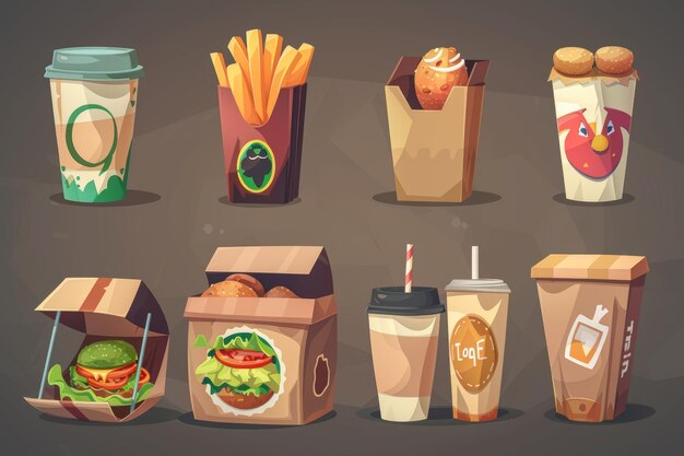Verschiedene Takeaway-Pakete für Fast-Food-Café-Mahlzeiten wie Sushi-Rollen, Pizza, Pommes, Kaffee, Kaffee und Getränke. Moderne Cartoon-Illustrationen und Ikonen