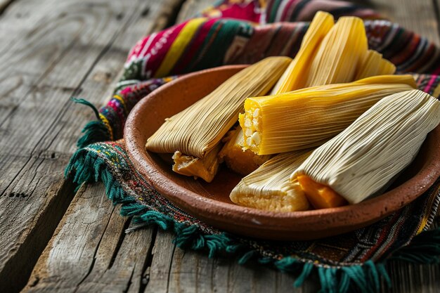 Foto verschiedene tamales in einer lehmschüssel auf einer tischdecke mit den farben der mexikanischen flagge