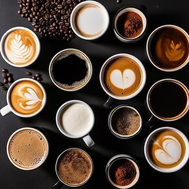 Verschiedene Tassen Kaffee auf schwarzem Cappuccino Espresso Americano Latte Flatey