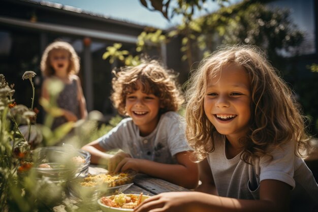 Verschiedene Teenager und Freunde beim Picknick-Barbecue-Grill im Garten. Generative KI