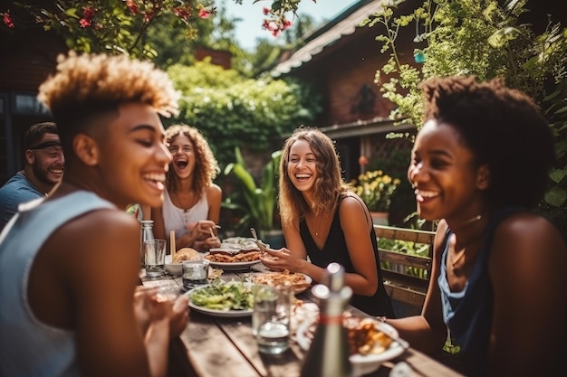 Verschiedene Teenager und Freunde beim Picknick-Barbecue-Grill im Garten. Generative KI