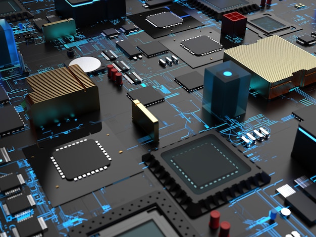 Verschiedene Teile von Computerchips und Transistoren