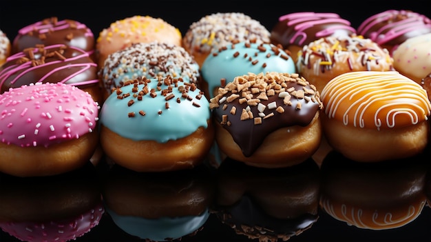 Verschiedene und Collagen köstlicher glasierter Donuts, ein beliebtes Dessert-Draufsichtfoto für eine Konditorei