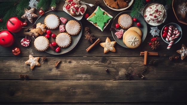 Foto verschiedene weihnachtsdesserts und süßigkeiten top-view auf rustikalem holz-hintergrund generative ki