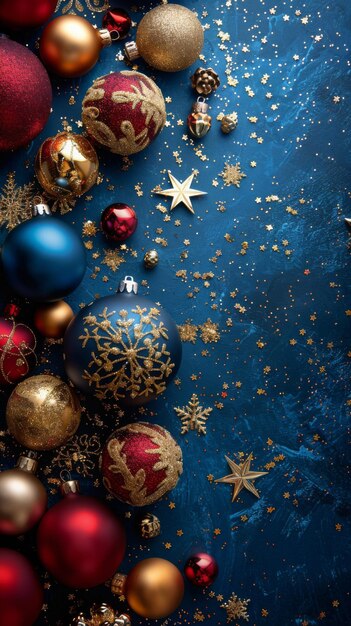 Verschiedene Weihnachtsschmuckstücke auf blauem Hintergrund