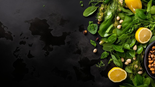 Verschiedener grüner Salat mit Gemüsesamen und Olivenöl auf schwarzem Stein-Hintergrund