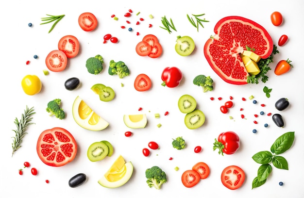 Verschiedenes frisches Gemüse und Obst auf weißem Hintergrund Generative AI