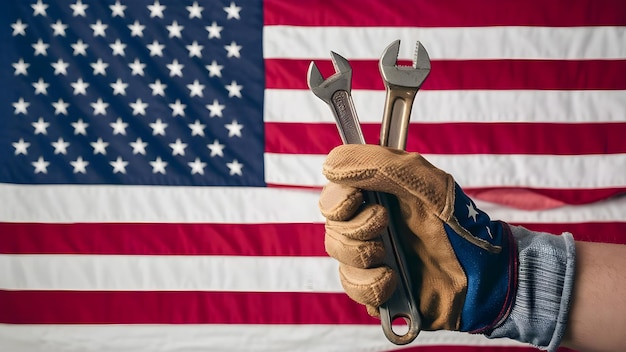 Verschleißter Arbeitshandschuh mit altem Schraubenschlüssel und US-Amerikanischer Flagge Arbeitstagskonzept