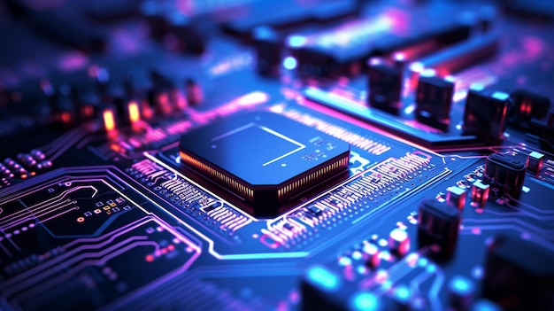 Verschlossene CPU auf der Leiterplatte mit lila Beleuchtung Technologieinnovation und Zukunftskonzept