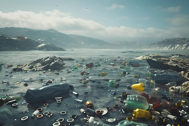 Verschmutztes Ozeanwasser voller Plastikmüll Umweltkrisenkonzept in einer ruhigen Landschaft KI