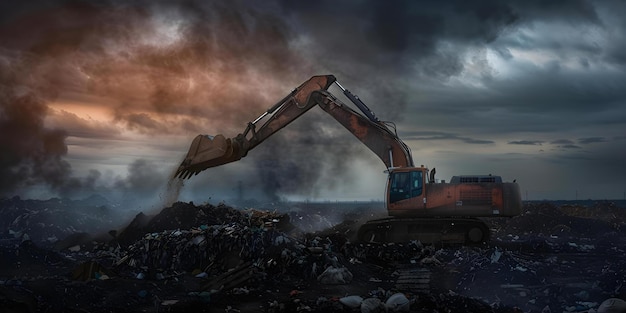 Verschmutzung symbolisiert Backhoe-LKW-Abgabe von städtischen Abfällen auf Deponie unter dunklem Himmel Konzept Umweltverschmutzung Deponie-Backhoe-Lokal Umweltwirkung Entsorgung von Abfällen