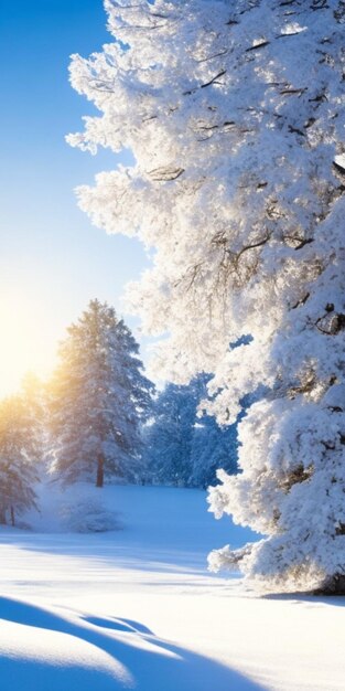 Verschneite Bäume und Sonne in der Winterlandschaft