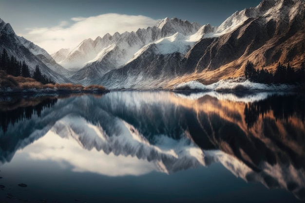 Verschneite Berge spiegeln sich im faszinierenden See