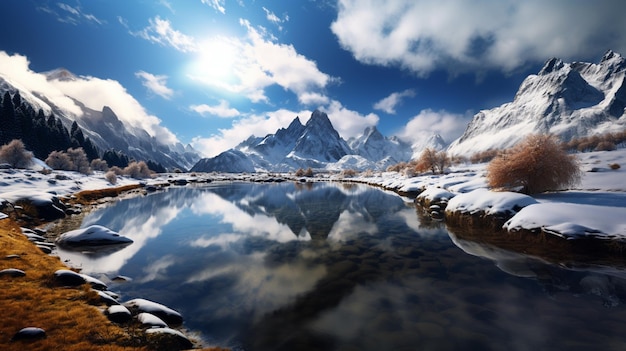 Verschneite Berglandschaft mit einem See im Hintergrund im Stil von Terragen, bezauberndem Surrealismus, realistischem Surrealismus