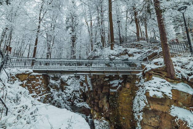 Verschneite Brücke in einem Bergpark