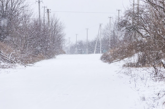 Verschneite ländliche Straße bei Schneefall