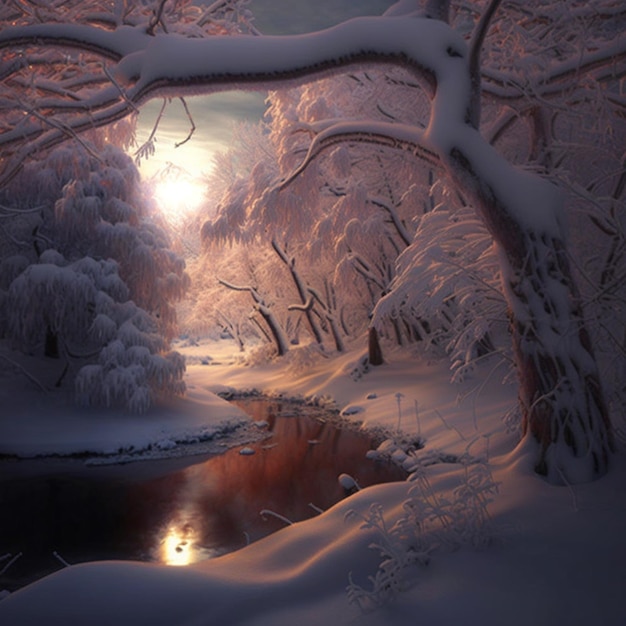 verschneite Szene eines Baches in einem verschneiten Wald mit generativer KI bei untergehender Sonne