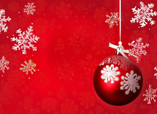 Verschneite Zweige aus Kiefernkaramell, Weihnachtskugeln und Schneeflocken isoliert auf rotem Hintergrund. Kopieren Sie Platz für Ihren Text