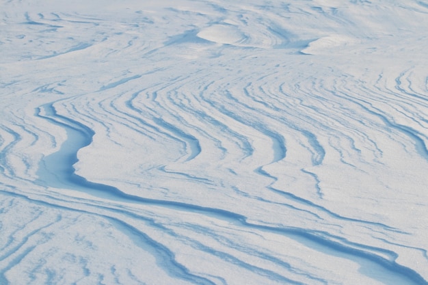 Verschneiter Hintergrund, schneebedeckte Erdoberfläche nach einem Schneesturm am Morgen im Sonnenlicht mit deutlichen Schneeschichten