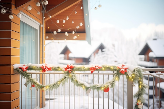 Verschneiter Kabinenbalkon mit festlicher Girlande