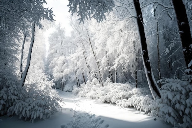 Verschneiter Wald mit weißer Decke auf dem Boden und den Bäumen