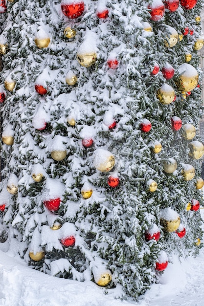 Verschneiter Weihnachtsbaum mit goldenen und roten Weihnachtskugeln