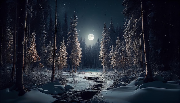 Verschneiter Winterwald nachts mit vollmondgenerativer ai