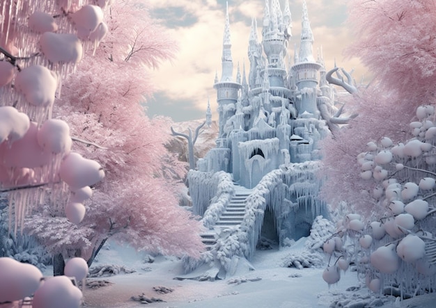 Verschneites Schloss mit rosafarbenen Bäumen und Treppen in einem generativen rosafarbenen Wald