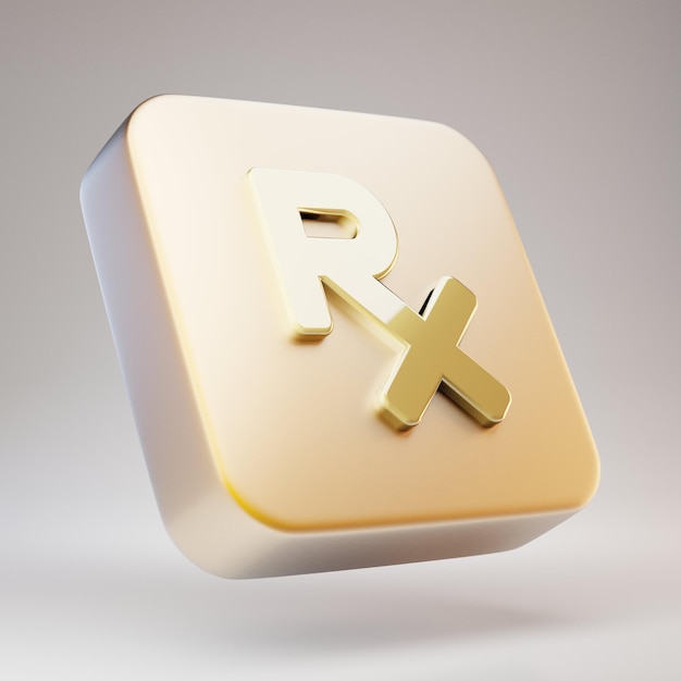 Verschreibungssymbol. Goldenes Rezeptsymbol auf mattgoldener Platte. 3D-gerendertes Social Media-Symbol.