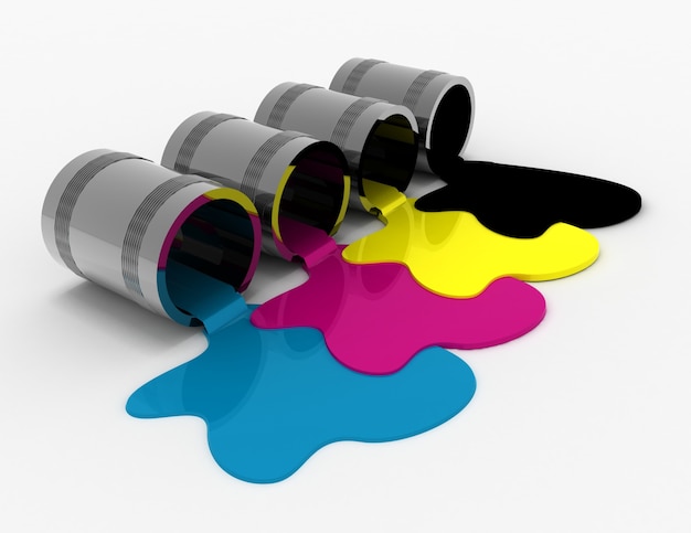 Verschüttete Farbdosen isoliert auf weißem Hintergrund (CMYK-Konzept)
