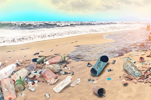 Foto verschütteter müll am strand einer großstadt, leere, gebrauchte, schmutzige plastikflaschen, schmutziges meer, sandige küste am schwarzen meer, umweltverschmutzung, ökologisches problem, neuronales netzwerk, ki generiert