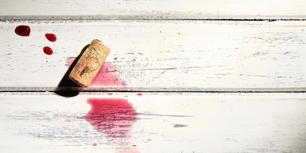 Foto verschütteter rotwein auf holztisch und kork