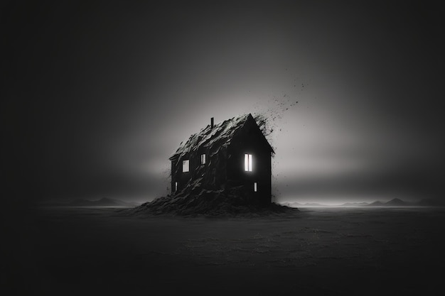 Verschwindendes Haus in stockdunkler melancholischer, öder, minimalistischer, dunkler, abstrakter Hintergrund