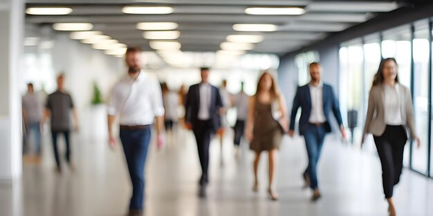 Foto verschwommen beschäftigte geschäftsleute gehen in der hellen büro-lobby, bewegen sich schnell überfüllte büro-arbeitsplätze