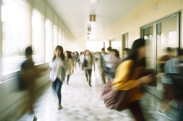 Verschwommene Aufnahme von Gymnasiasten, die zwischen den Unterrichtsstunden die Treppe hinaufgehen